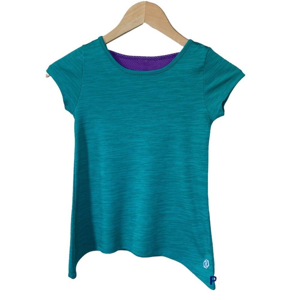 Girls S 7 JK Tech Teal Purple Athletic Asymmetrical Hem Line Short Sleeve Shirt